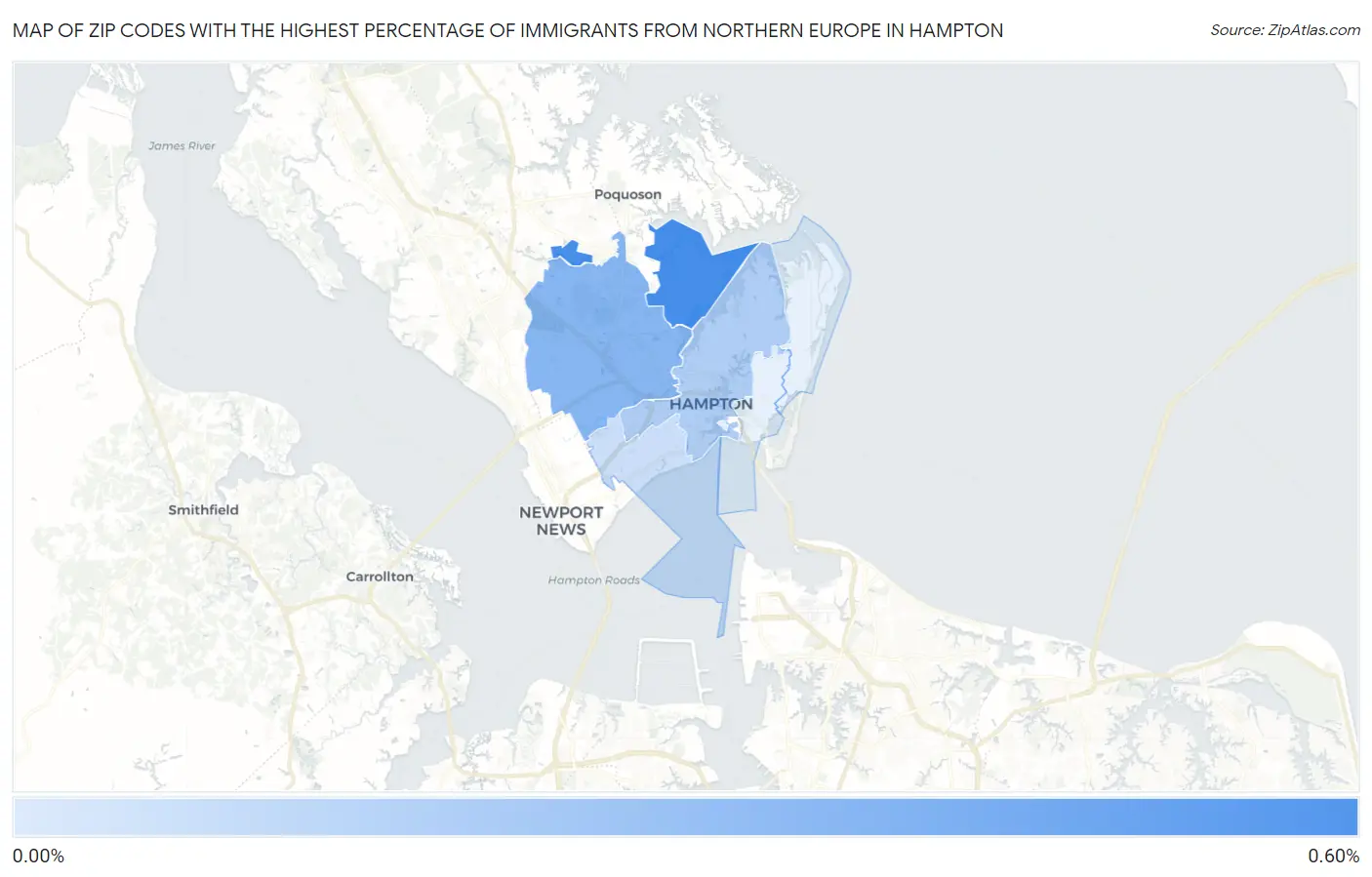 Zip Codes with the Highest Percentage of Immigrants from Northern Europe in Hampton Map
