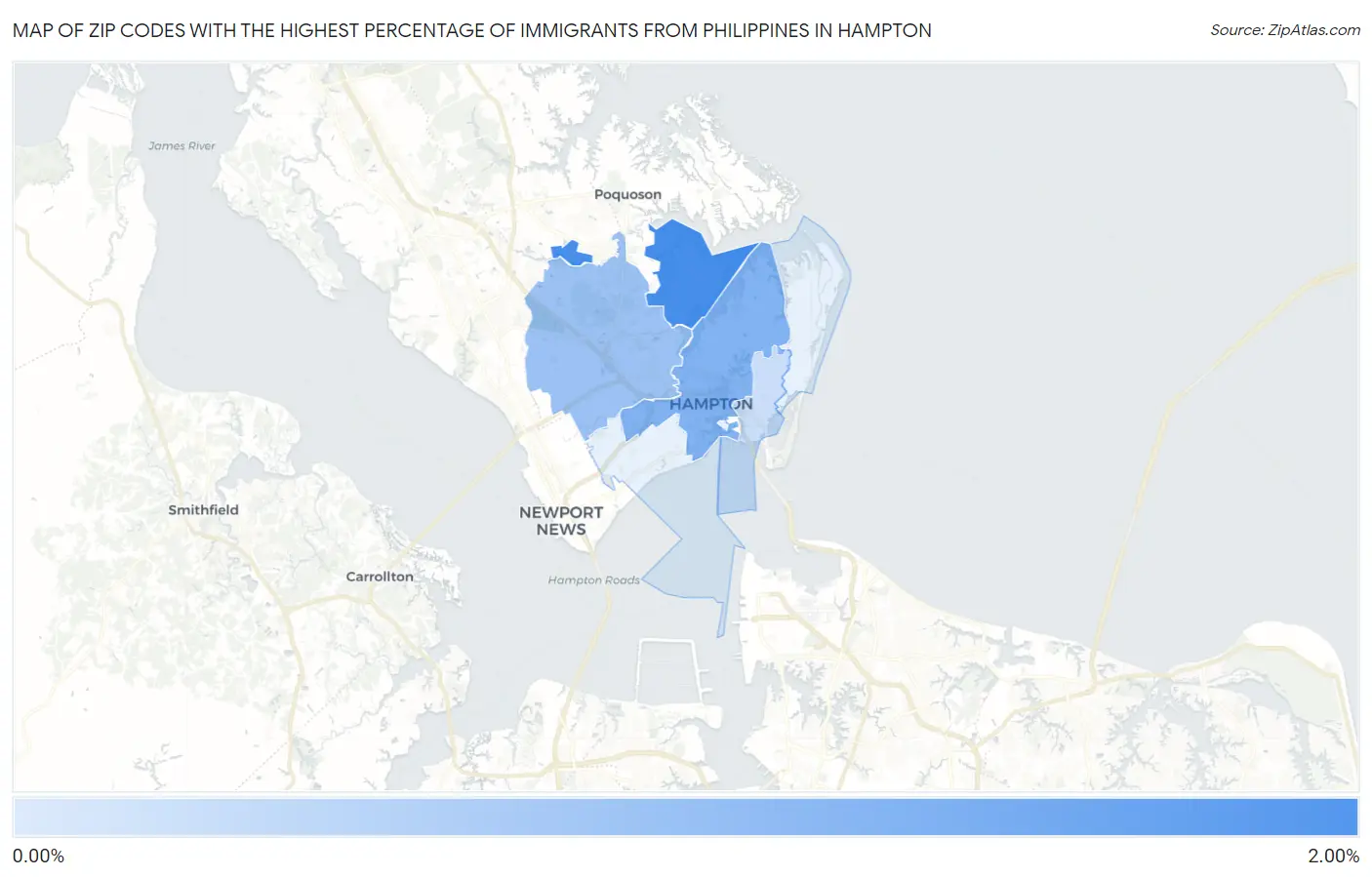 Zip Codes with the Highest Percentage of Immigrants from Philippines in Hampton Map