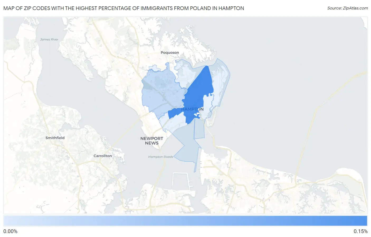 Zip Codes with the Highest Percentage of Immigrants from Poland in Hampton Map