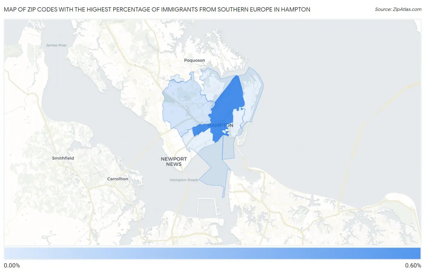 Zip Codes with the Highest Percentage of Immigrants from Southern Europe in Hampton Map