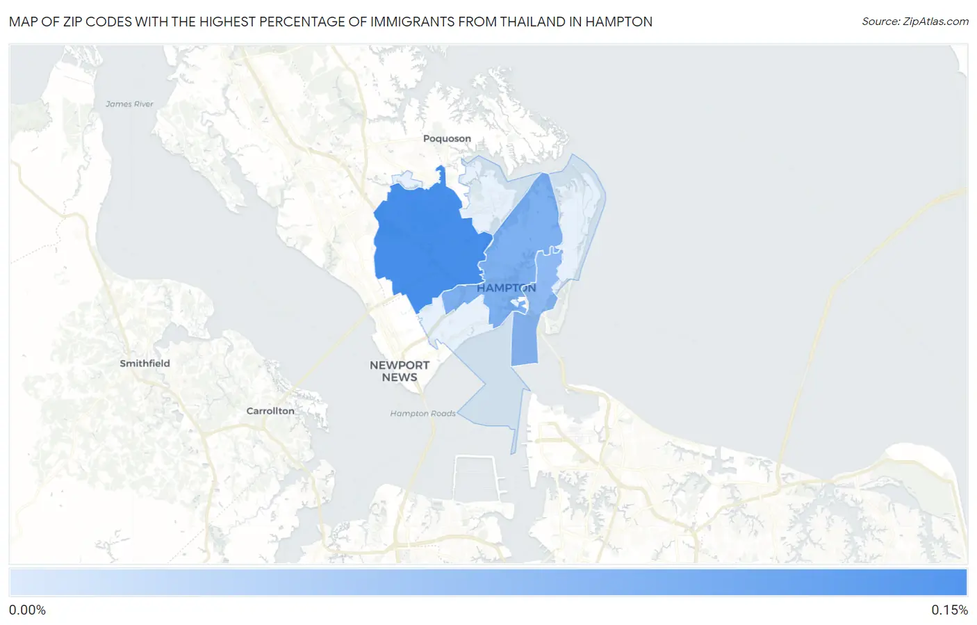 Zip Codes with the Highest Percentage of Immigrants from Thailand in Hampton Map