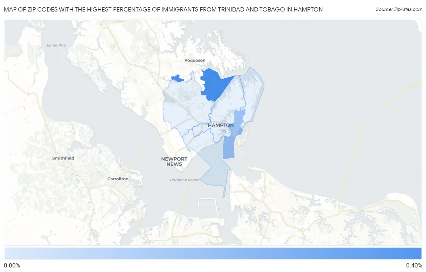 Zip Codes with the Highest Percentage of Immigrants from Trinidad and Tobago in Hampton Map