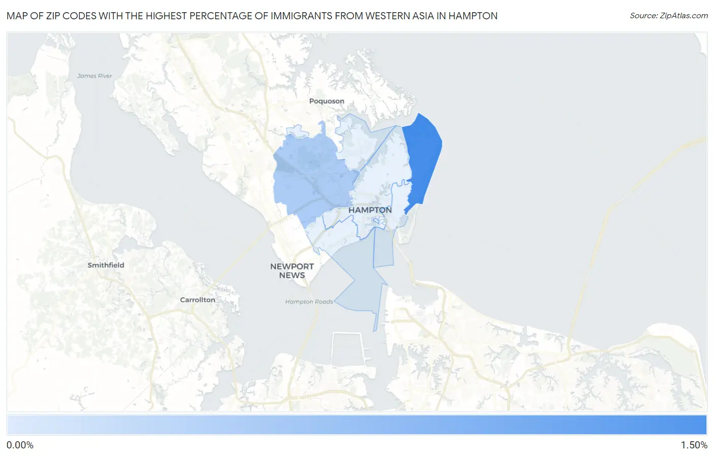 Zip Codes with the Highest Percentage of Immigrants from Western Asia in Hampton Map