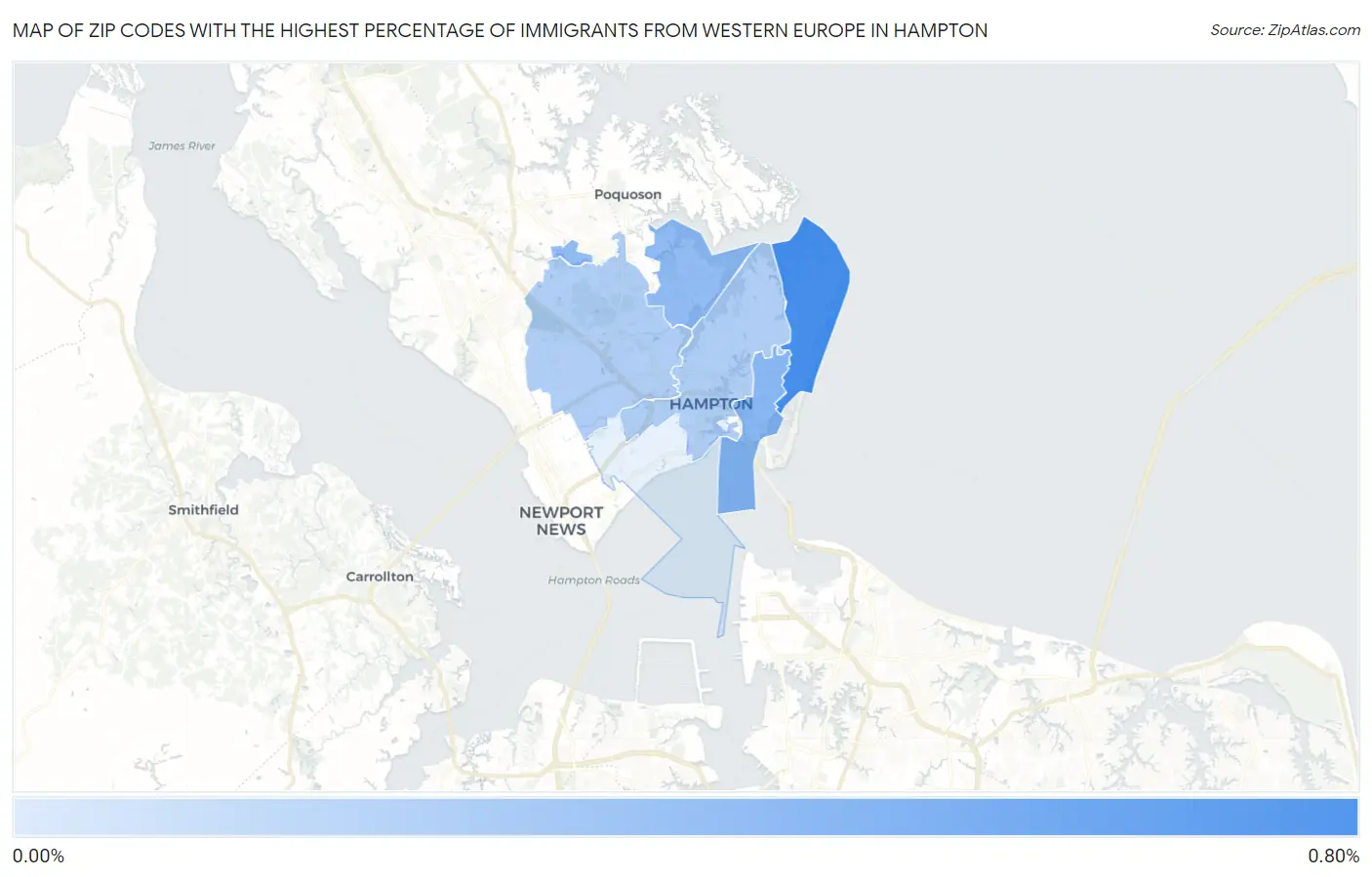 Zip Codes with the Highest Percentage of Immigrants from Western Europe in Hampton Map