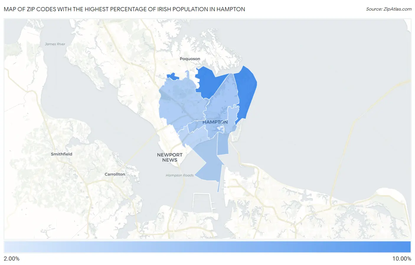 Zip Codes with the Highest Percentage of Irish Population in Hampton Map