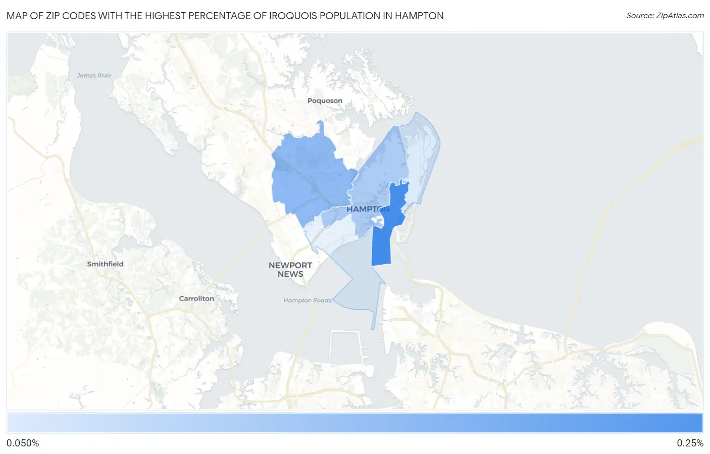 Zip Codes with the Highest Percentage of Iroquois Population in Hampton Map