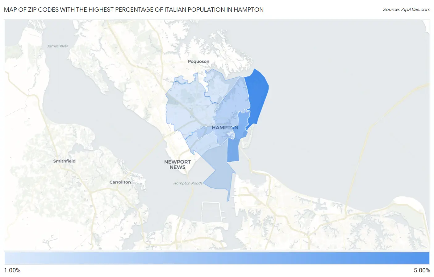 Zip Codes with the Highest Percentage of Italian Population in Hampton Map