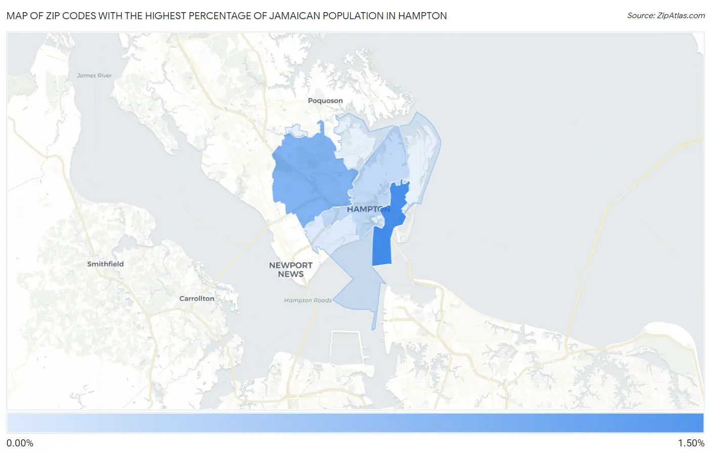 Zip Codes with the Highest Percentage of Jamaican Population in Hampton Map
