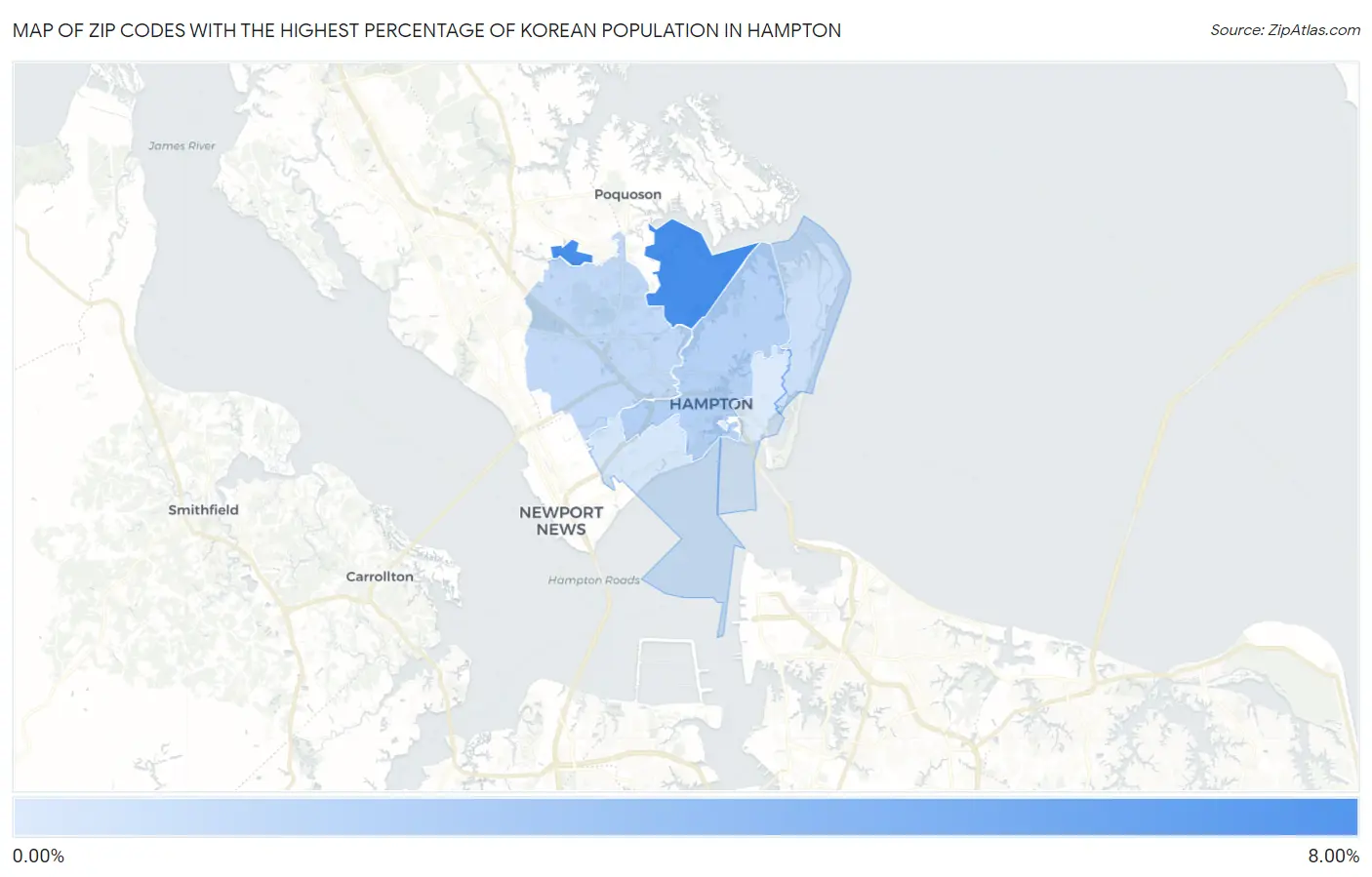 Zip Codes with the Highest Percentage of Korean Population in Hampton Map