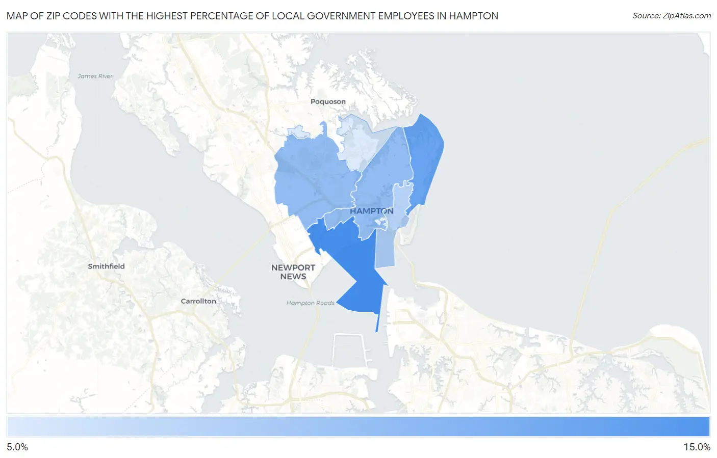 Zip Codes with the Highest Percentage of Local Government Employees in Hampton Map