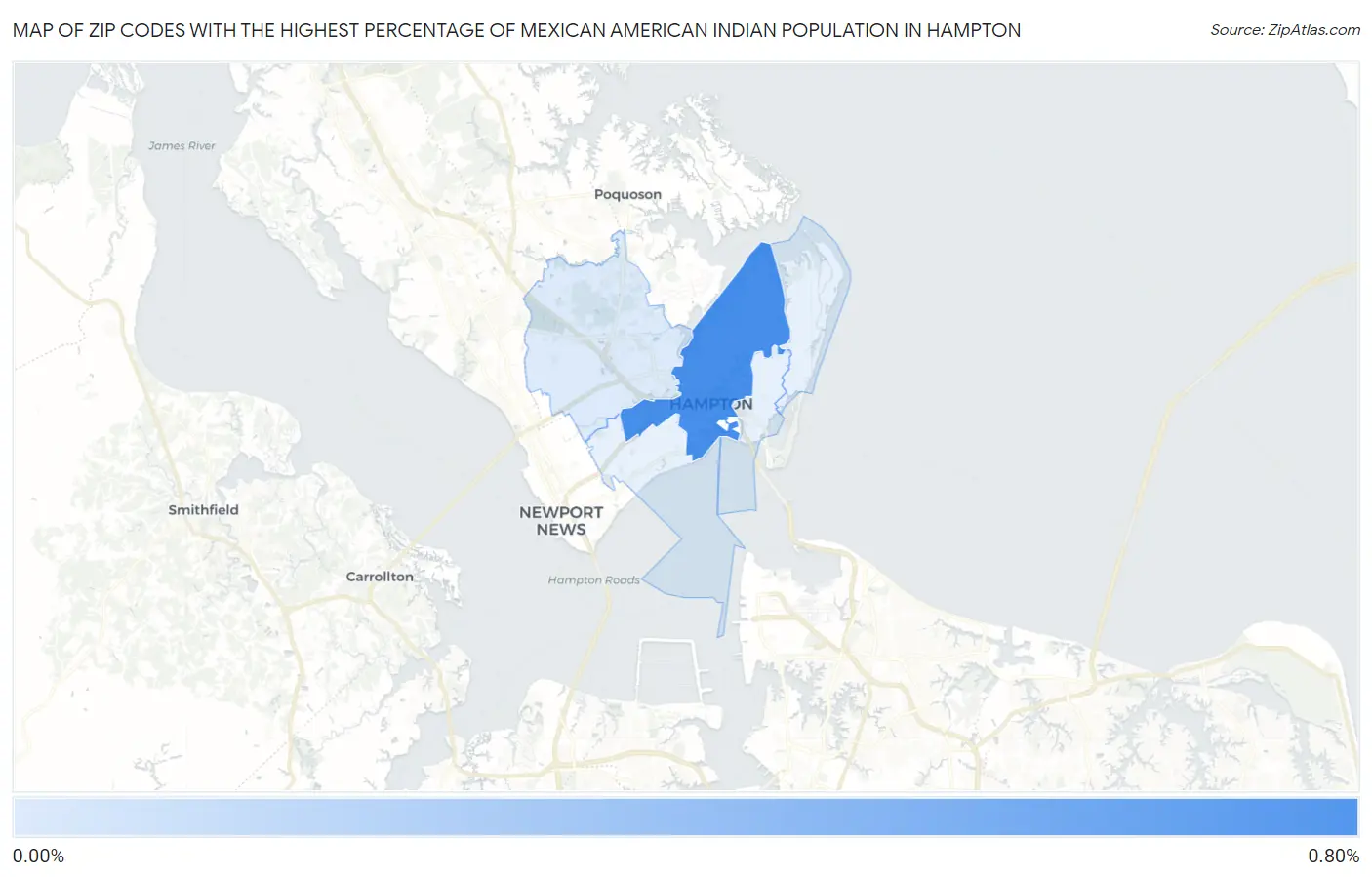 Zip Codes with the Highest Percentage of Mexican American Indian Population in Hampton Map