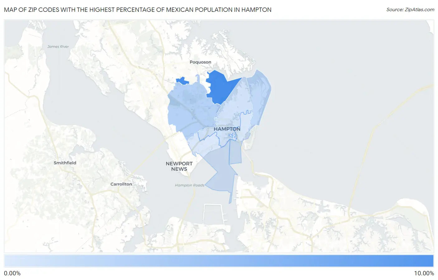 Zip Codes with the Highest Percentage of Mexican Population in Hampton Map
