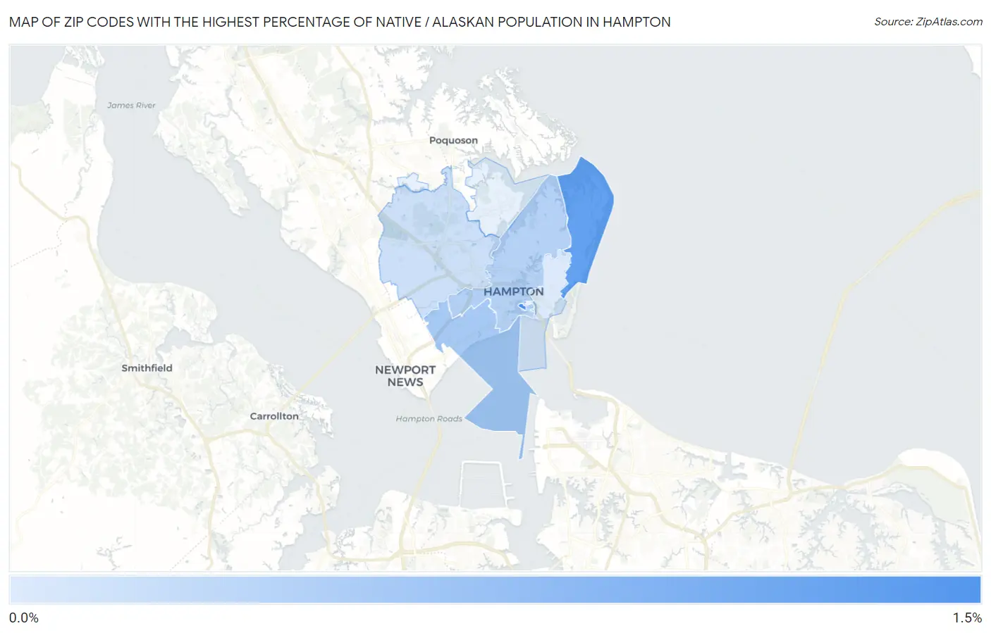 Zip Codes with the Highest Percentage of Native / Alaskan Population in Hampton Map