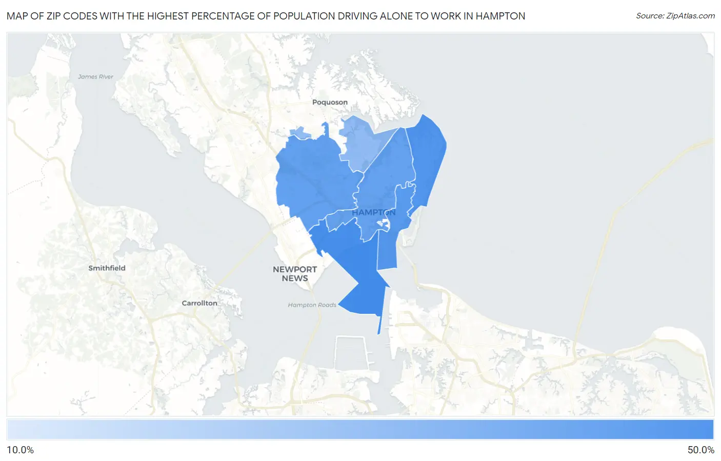 Zip Codes with the Highest Percentage of Population Driving Alone to Work in Hampton Map
