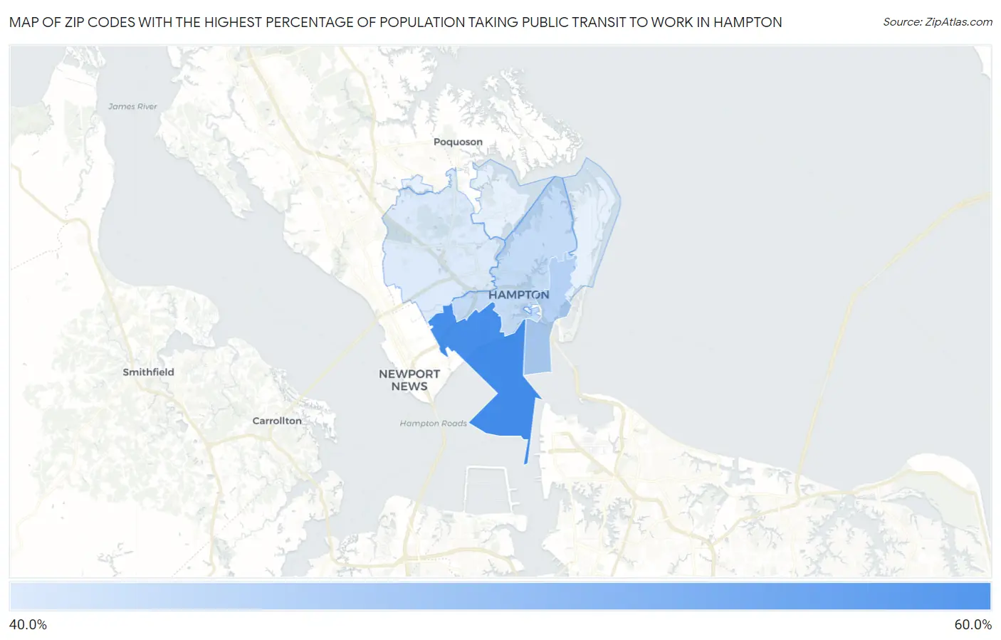 Zip Codes with the Highest Percentage of Population Taking Public Transit to Work in Hampton Map