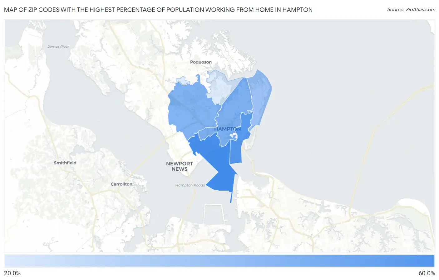 Zip Codes with the Highest Percentage of Population Working from Home in Hampton Map