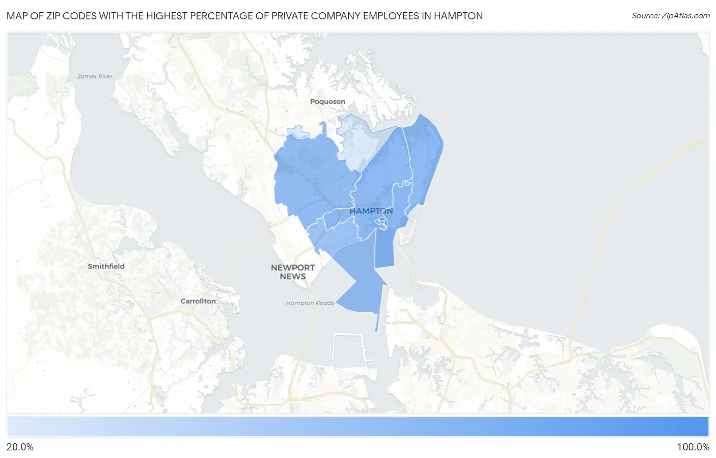 Zip Codes with the Highest Percentage of Private Company Employees in Hampton Map