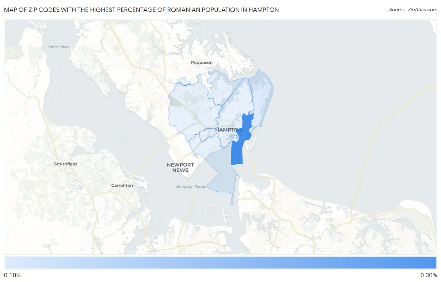 Zip Codes with the Highest Percentage of Romanian Population in Hampton Map