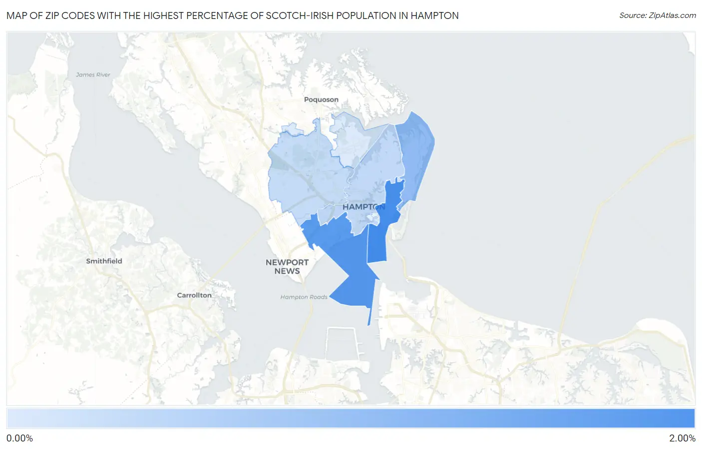 Zip Codes with the Highest Percentage of Scotch-Irish Population in Hampton Map