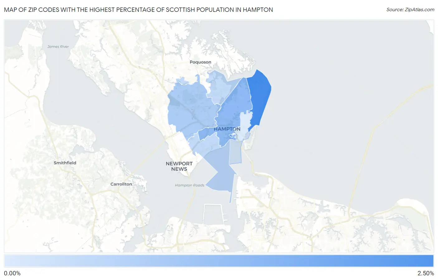 Zip Codes with the Highest Percentage of Scottish Population in Hampton Map