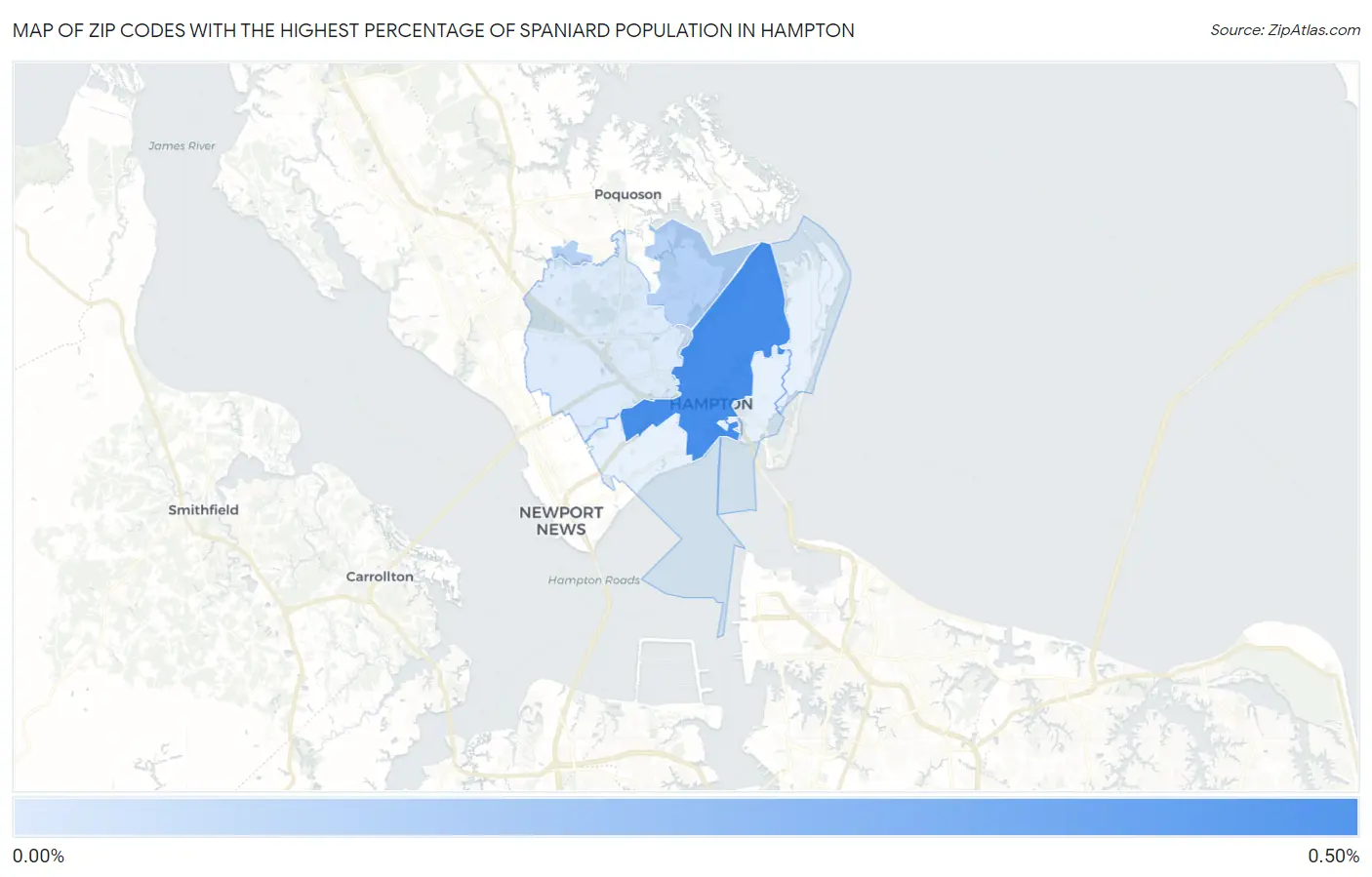 Zip Codes with the Highest Percentage of Spaniard Population in Hampton Map