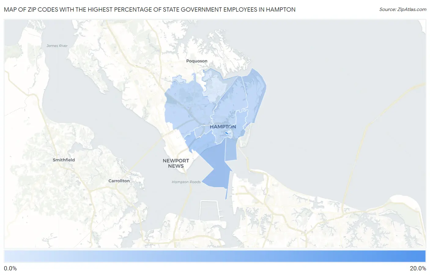 Zip Codes with the Highest Percentage of State Government Employees in Hampton Map