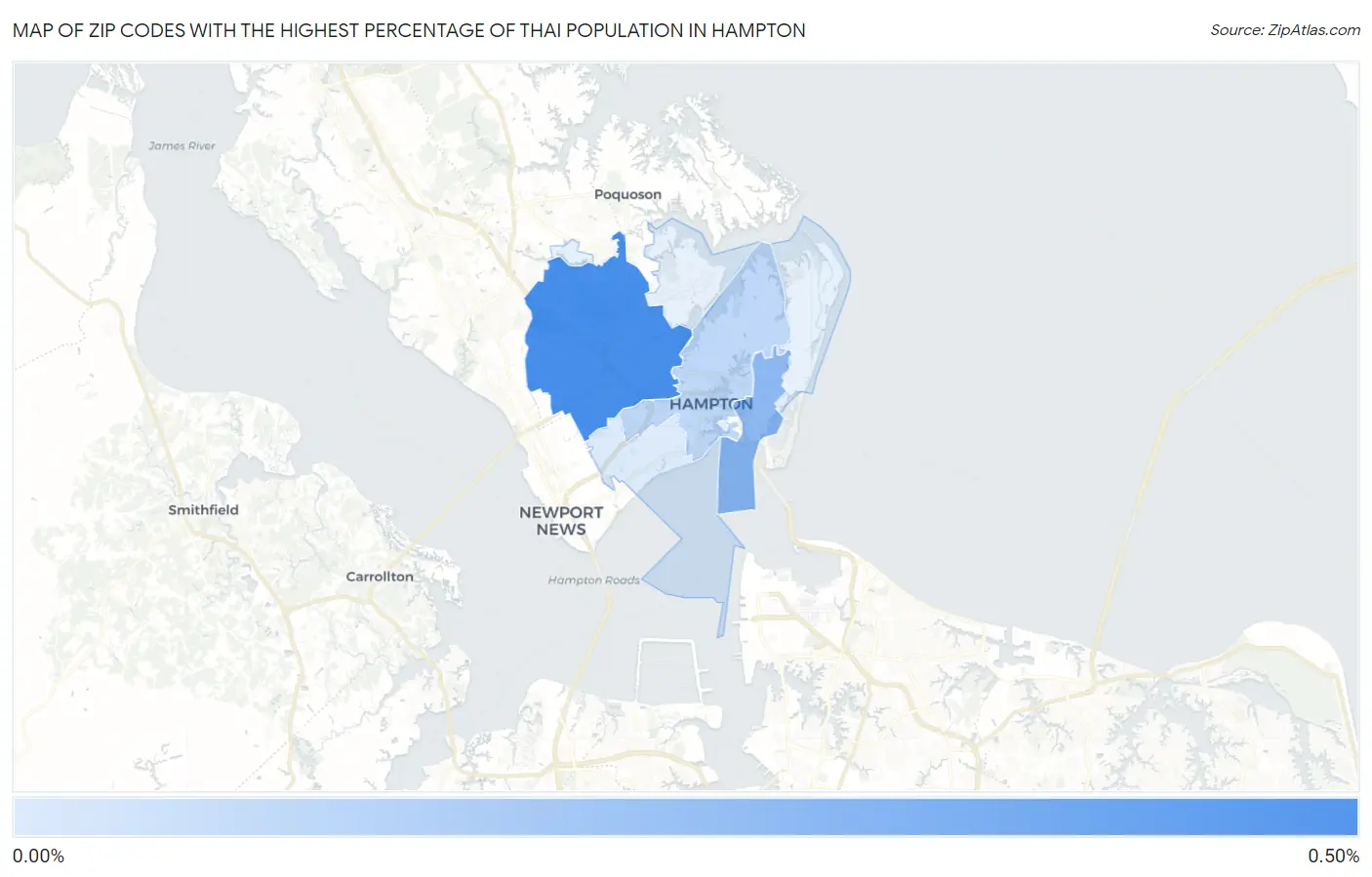 Zip Codes with the Highest Percentage of Thai Population in Hampton Map