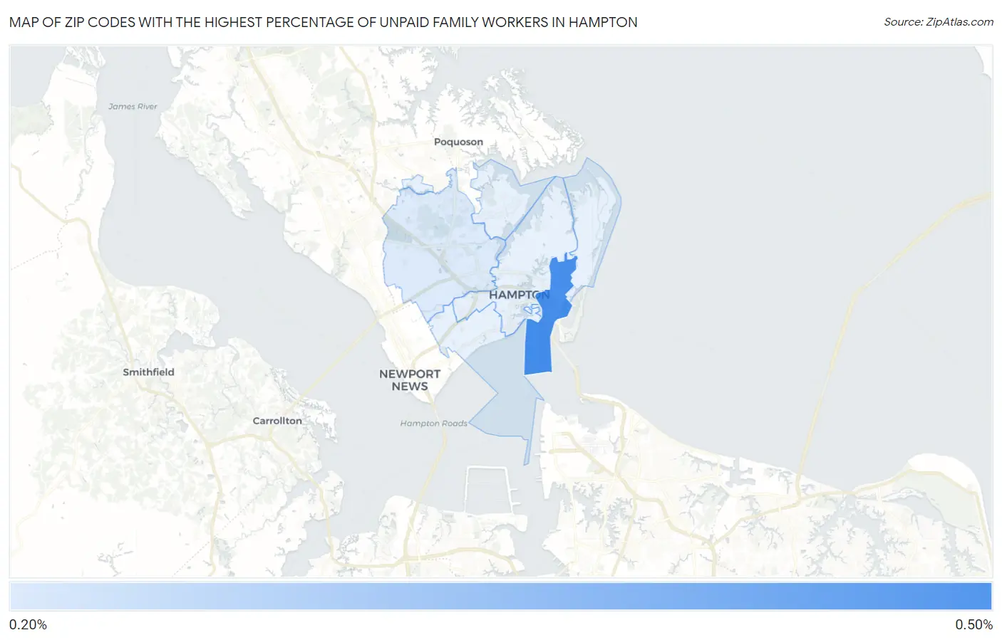 Zip Codes with the Highest Percentage of Unpaid Family Workers in Hampton Map