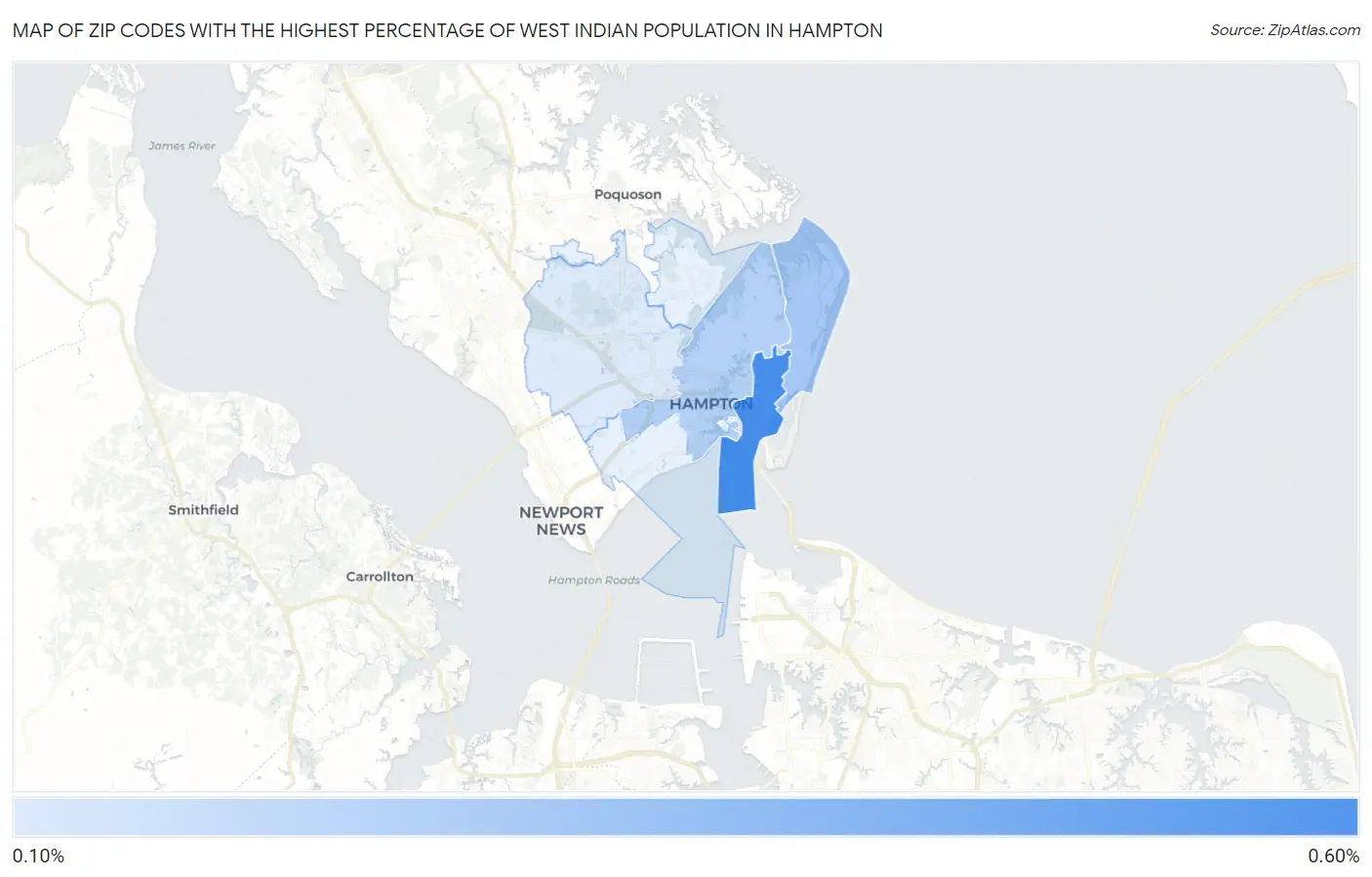 Zip Codes with the Highest Percentage of West Indian Population in Hampton Map