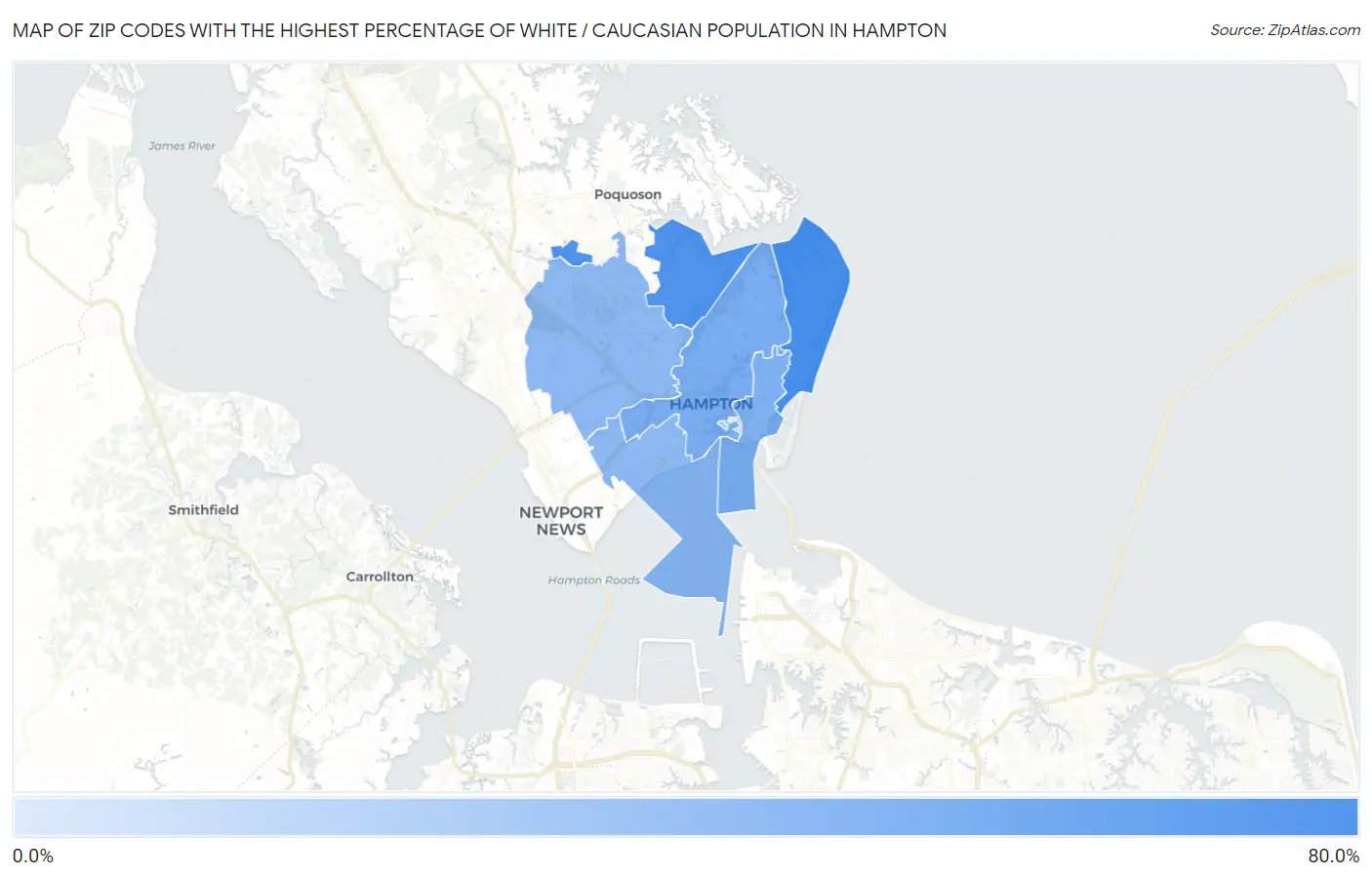 Zip Codes with the Highest Percentage of White / Caucasian Population in Hampton Map