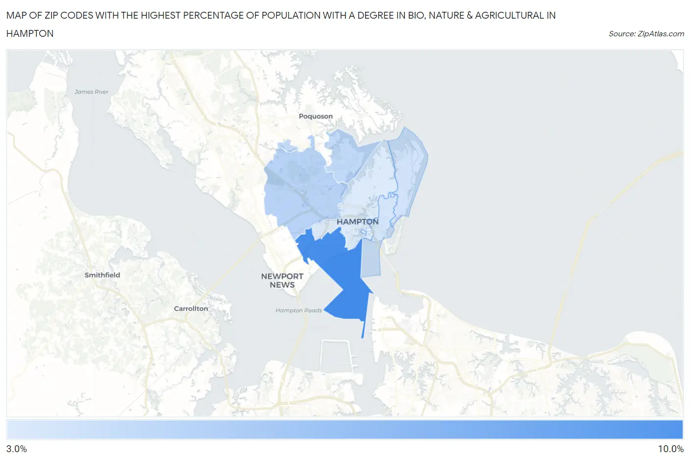 Zip Codes with the Highest Percentage of Population with a Degree in Bio, Nature & Agricultural in Hampton Map