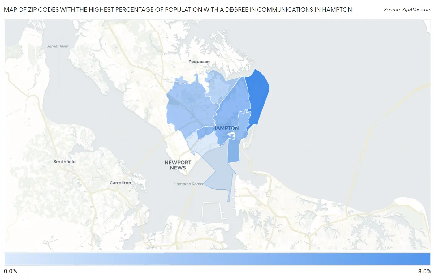 Zip Codes with the Highest Percentage of Population with a Degree in Communications in Hampton Map