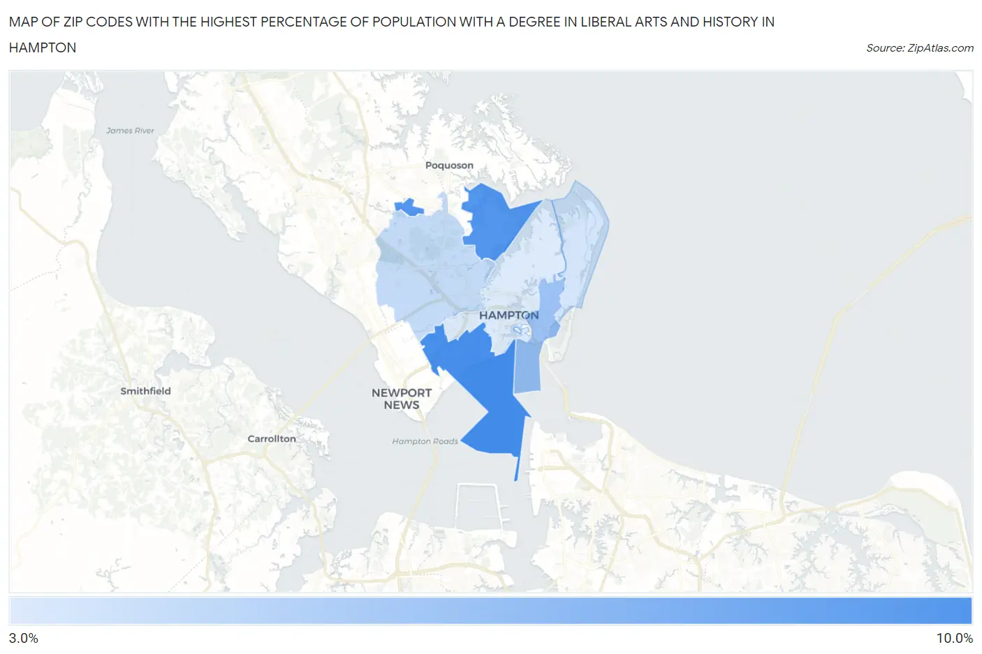 Zip Codes with the Highest Percentage of Population with a Degree in Liberal Arts and History in Hampton Map