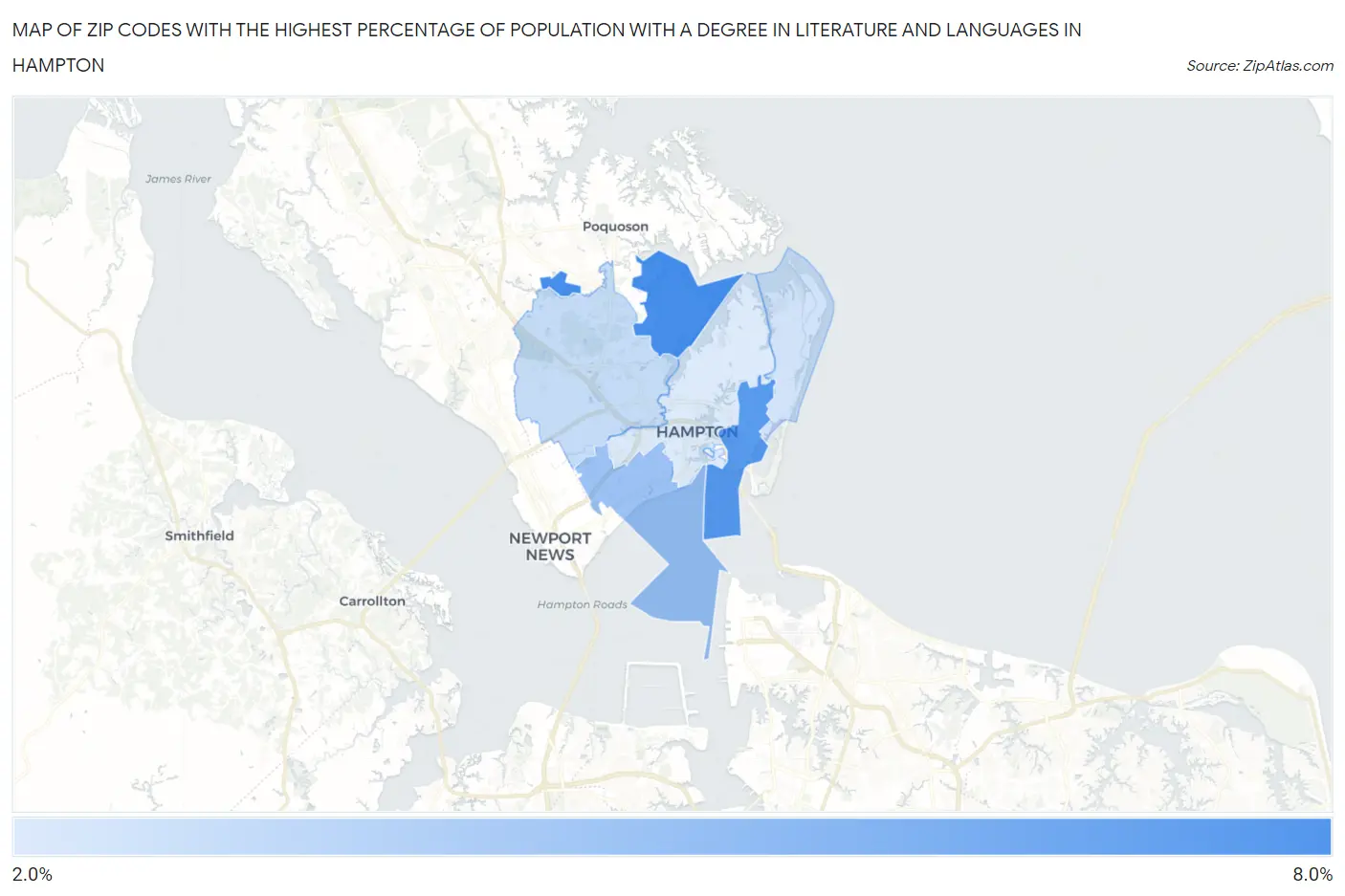 Zip Codes with the Highest Percentage of Population with a Degree in Literature and Languages in Hampton Map