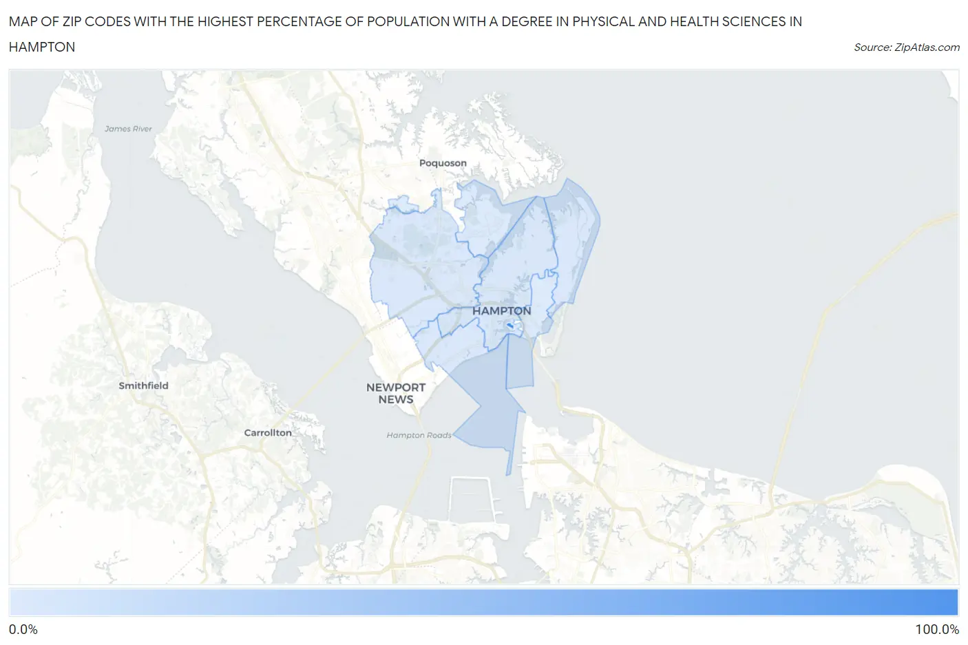 Zip Codes with the Highest Percentage of Population with a Degree in Physical and Health Sciences in Hampton Map