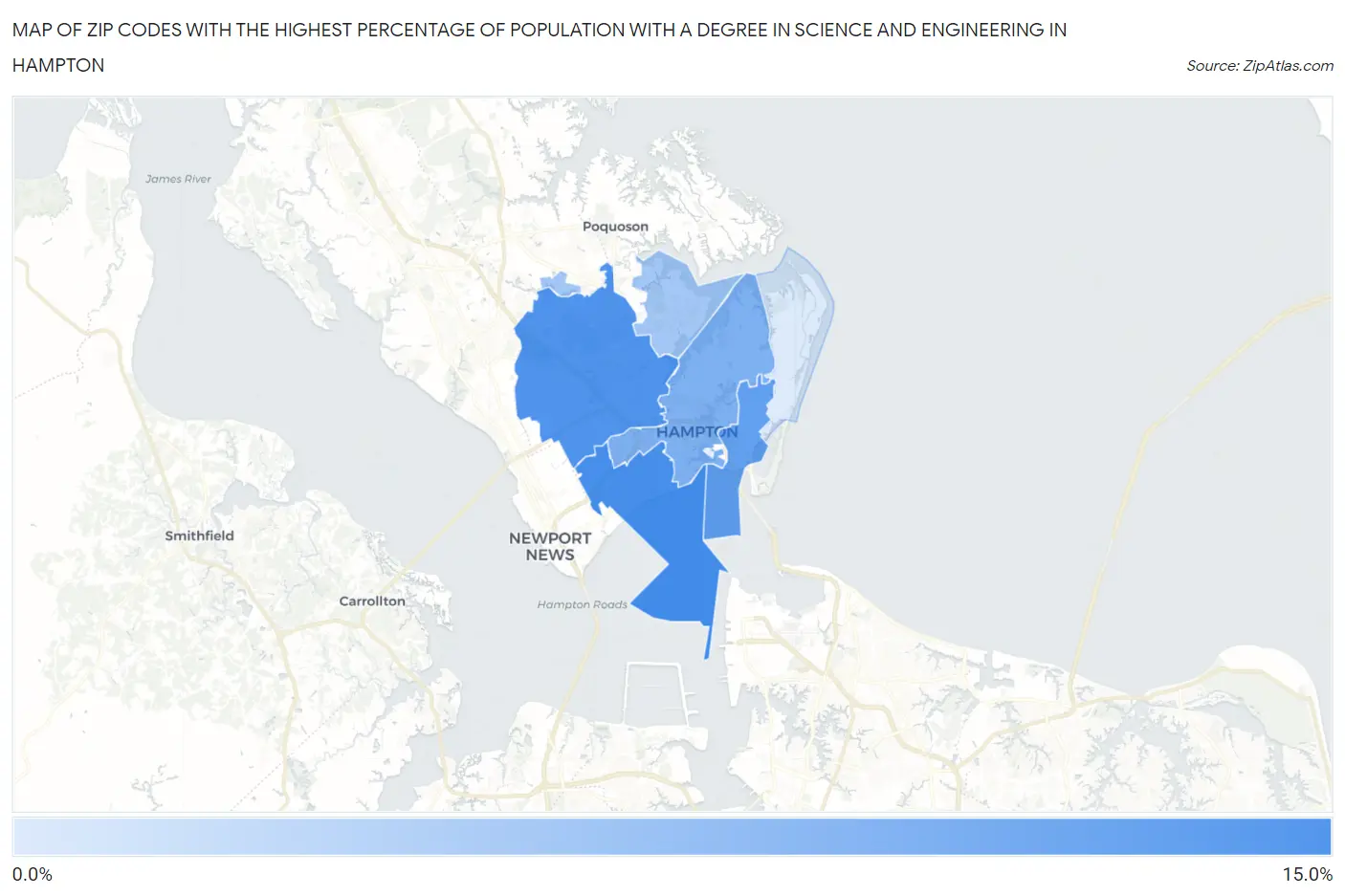 Zip Codes with the Highest Percentage of Population with a Degree in Science and Engineering in Hampton Map