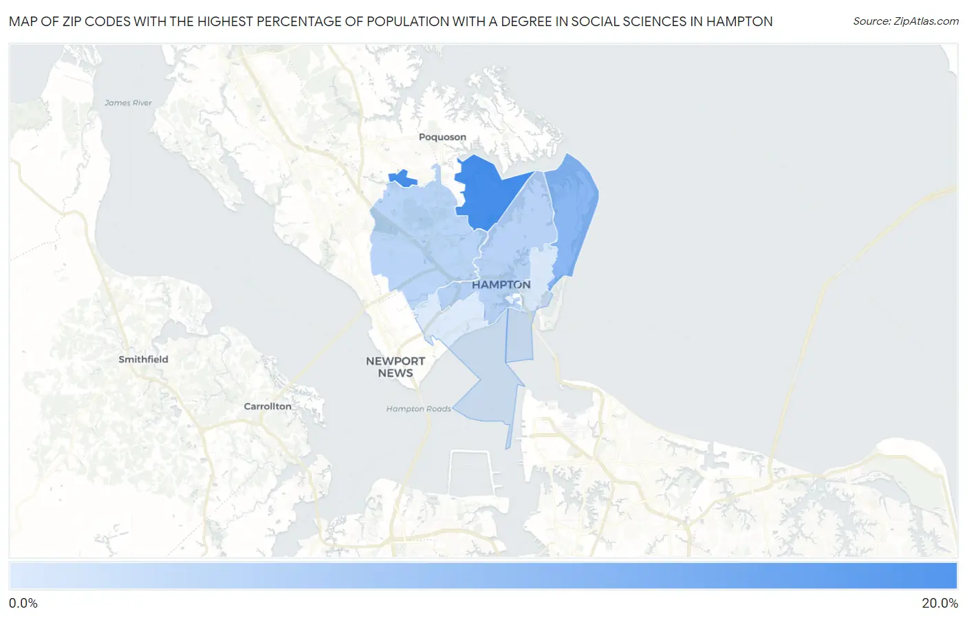 Zip Codes with the Highest Percentage of Population with a Degree in Social Sciences in Hampton Map
