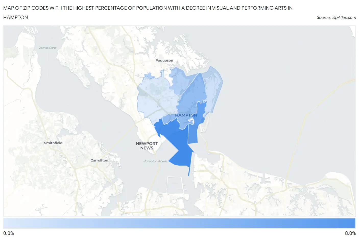 Zip Codes with the Highest Percentage of Population with a Degree in Visual and Performing Arts in Hampton Map