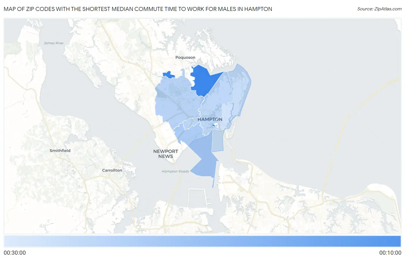 Zip Codes with the Shortest Median Commute Time to Work for Males in Hampton Map