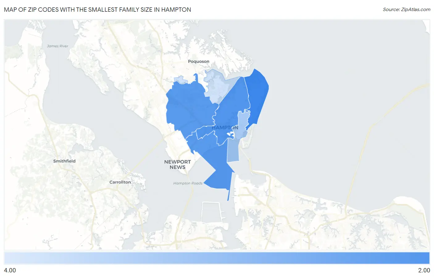 Zip Codes with the Smallest Family Size in Hampton Map