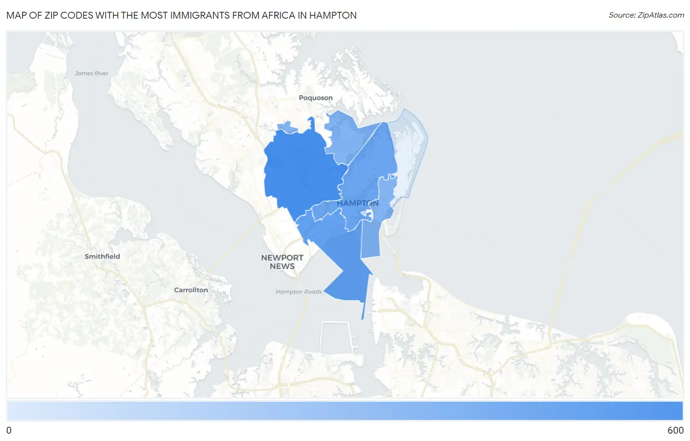 Zip Codes with the Most Immigrants from Africa in Hampton Map