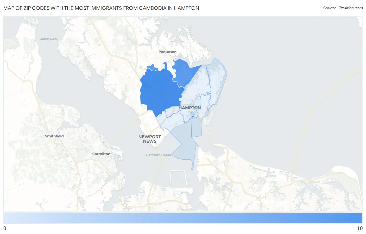 Zip Codes with the Most Immigrants from Cambodia in Hampton Map