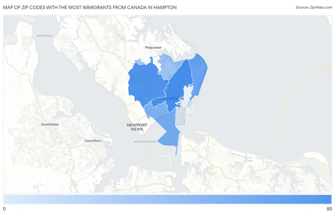 Zip Codes with the Most Immigrants from Canada in Hampton Map