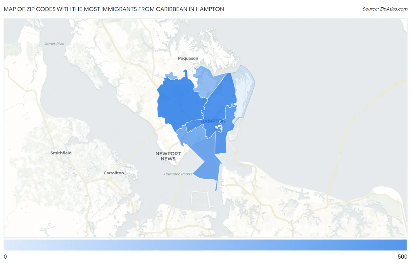 Zip Codes with the Most Immigrants from Caribbean in Hampton Map