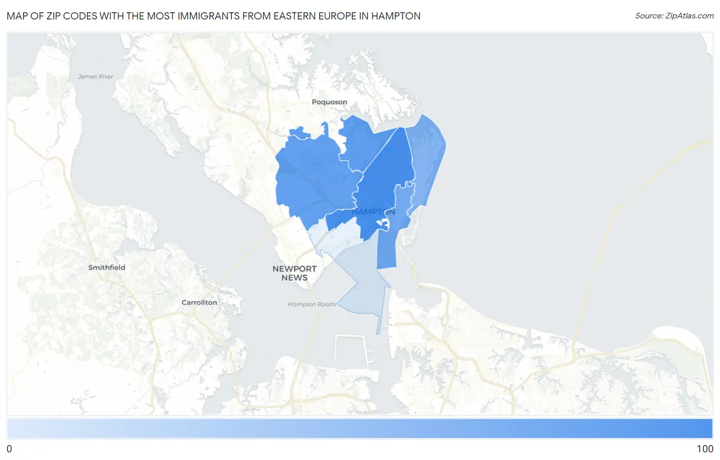 Zip Codes with the Most Immigrants from Eastern Europe in Hampton Map