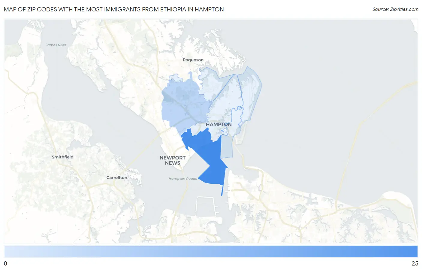Zip Codes with the Most Immigrants from Ethiopia in Hampton Map