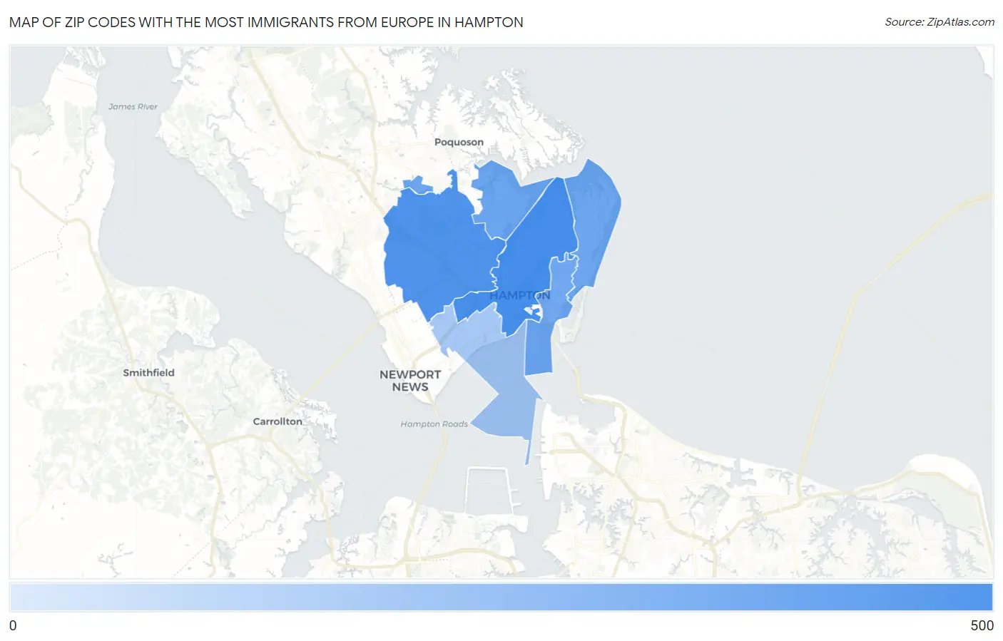 Zip Codes with the Most Immigrants from Europe in Hampton Map