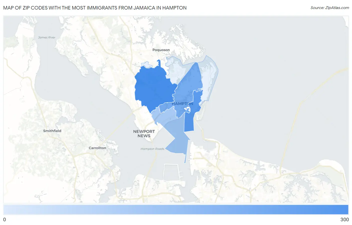 Zip Codes with the Most Immigrants from Jamaica in Hampton Map