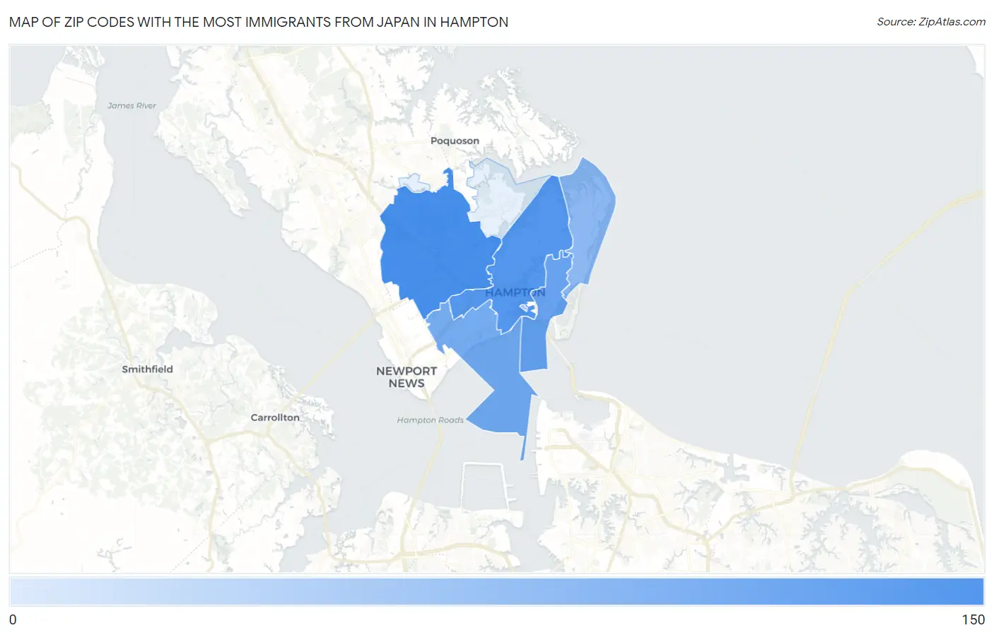 Zip Codes with the Most Immigrants from Japan in Hampton Map