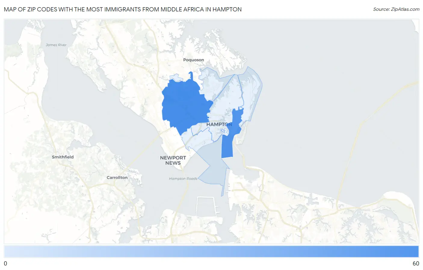 Zip Codes with the Most Immigrants from Middle Africa in Hampton Map
